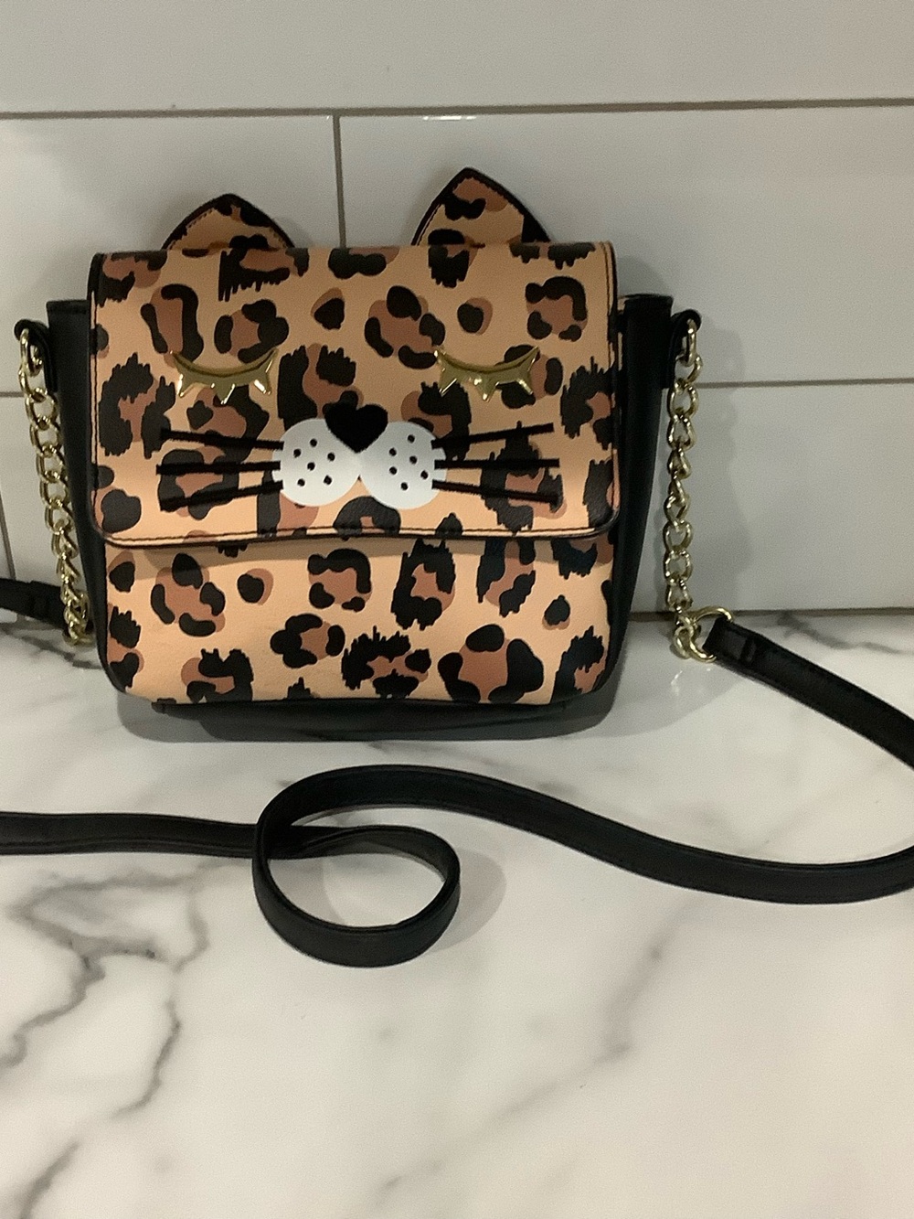 Betsey Johnson Leopard Cat Face Crossbody - Black and Tan